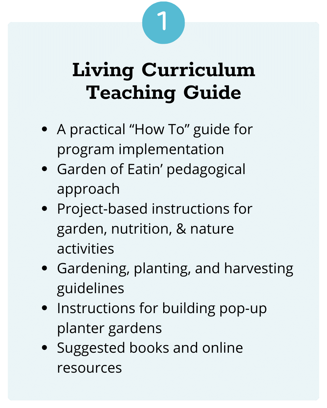 An infographic titled "Living Curriculum Teaching Guide" with a numbered "1" at the top. The guide includes topics such as program implementation, pedagogical approaches, project-based instructions, gardening guidelines, building planter gardens, and suggested resources.