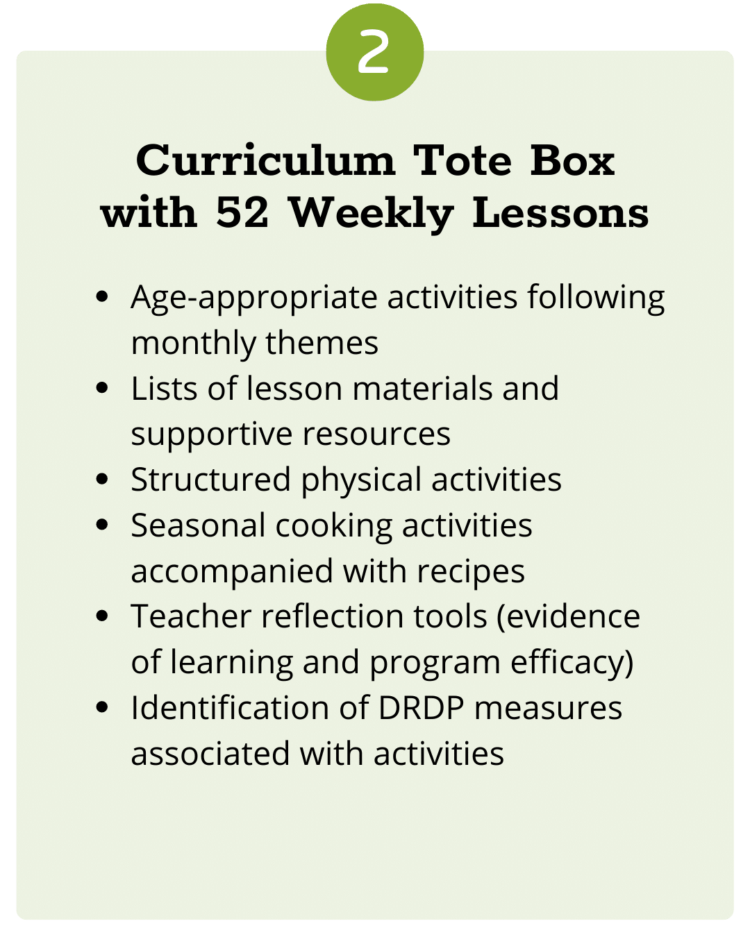 A graphic with a green circle at the top displaying the number "2." Below it is a text box titled "Curriculum Tote Box with 52 Weekly Lessons" listing components like age-appropriate activities, lesson material lists, structured physical activities, and more.