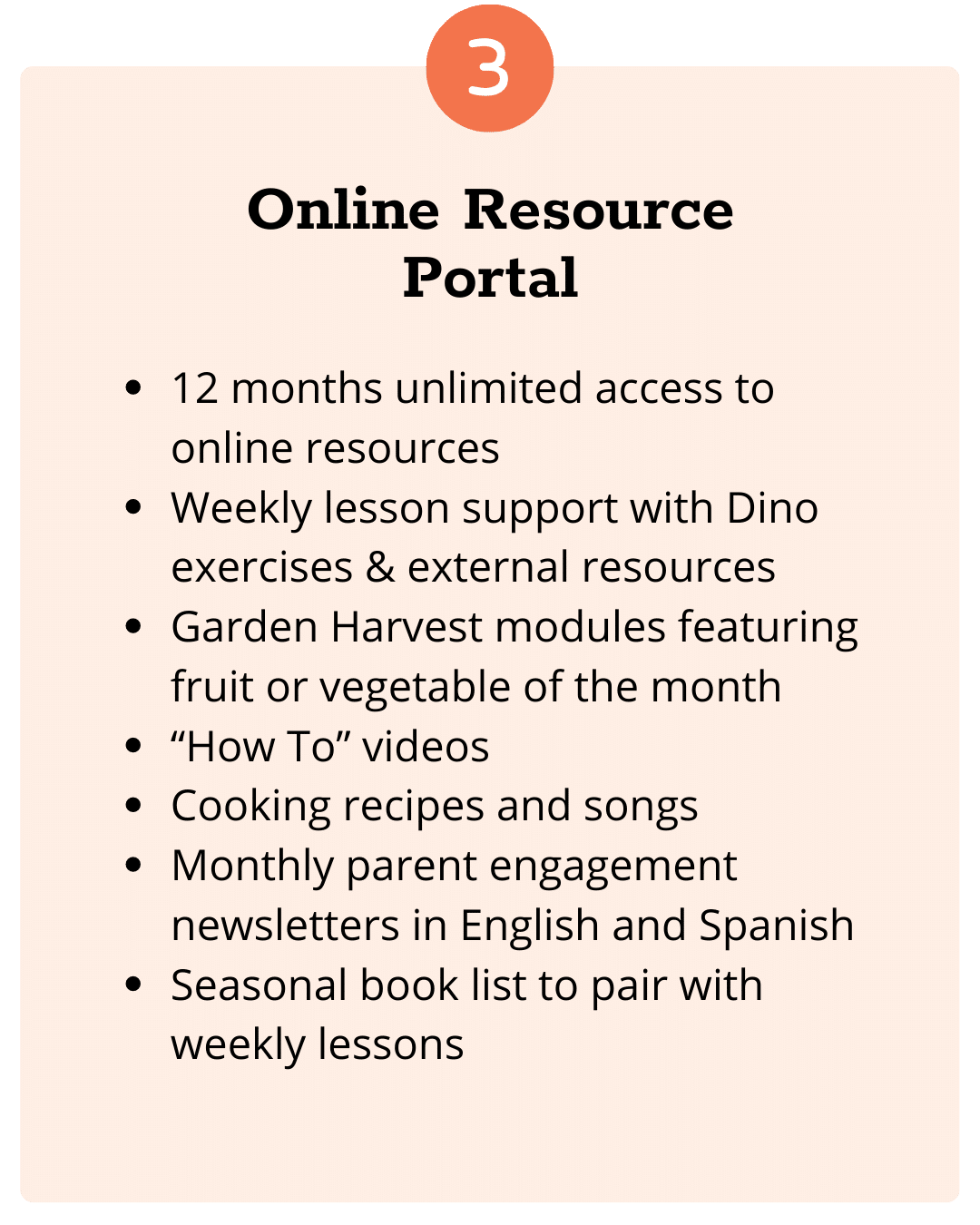 An informational flyer titled "Online Resource Portal" lists the following benefits: 12 months unlimited online resource access, weekly lesson support, monthly garden modules, "How To" videos, cooking recipes, monthly newsletters, and a seasonal book list.